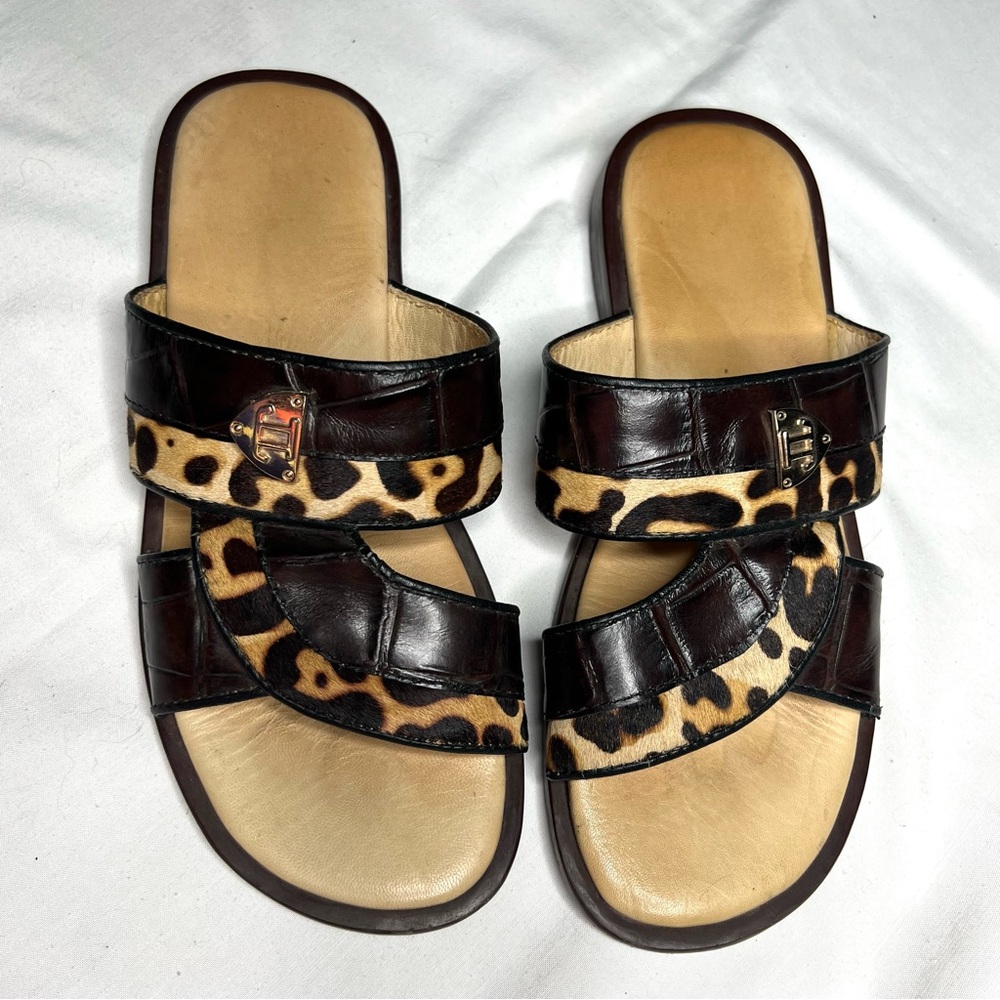 Handcrafted Leopard Leather Slide Sandals Sz EU 39